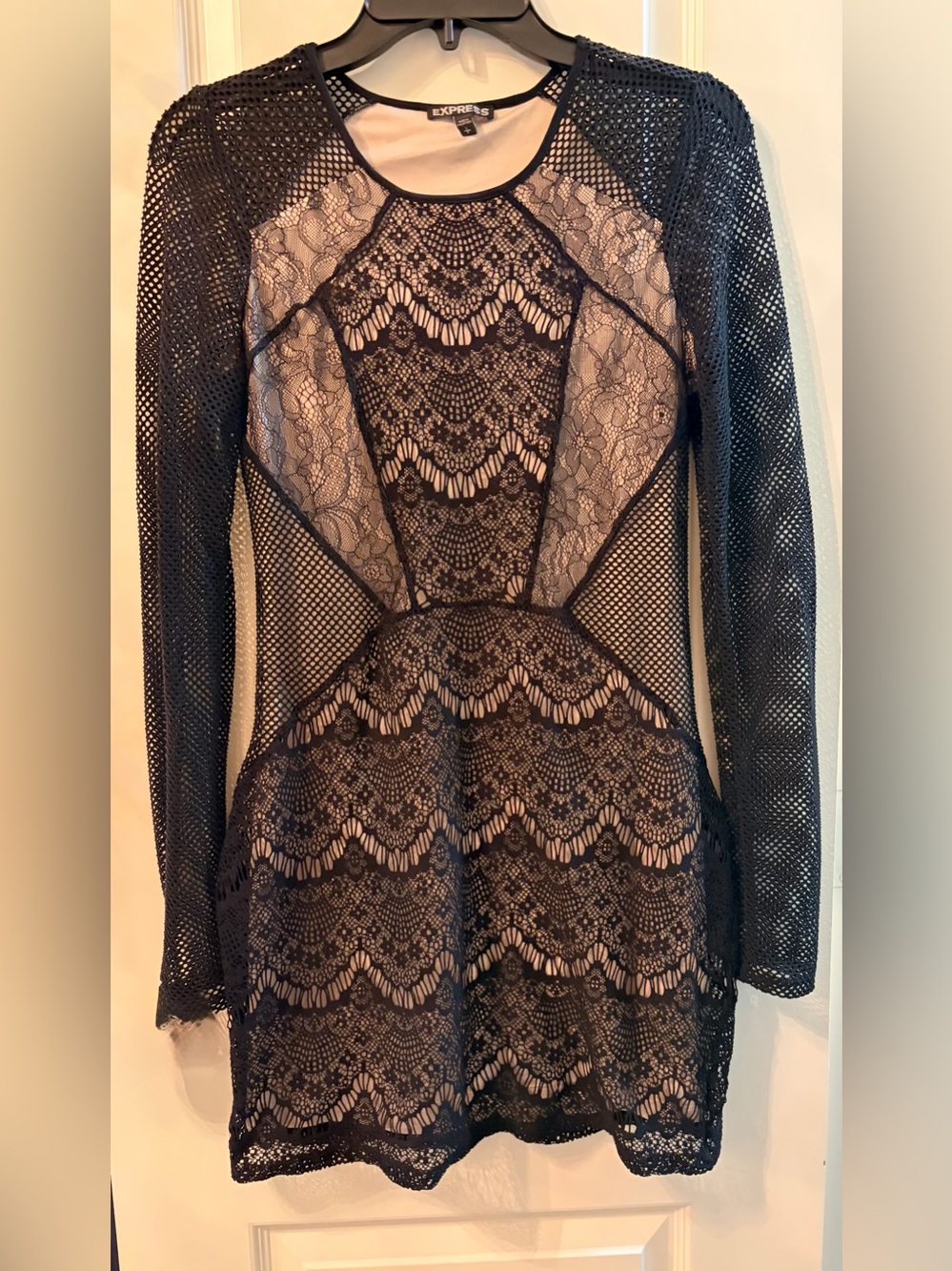 Express Black Lace & Mesh Long Sleeve Bodycon Dress, S